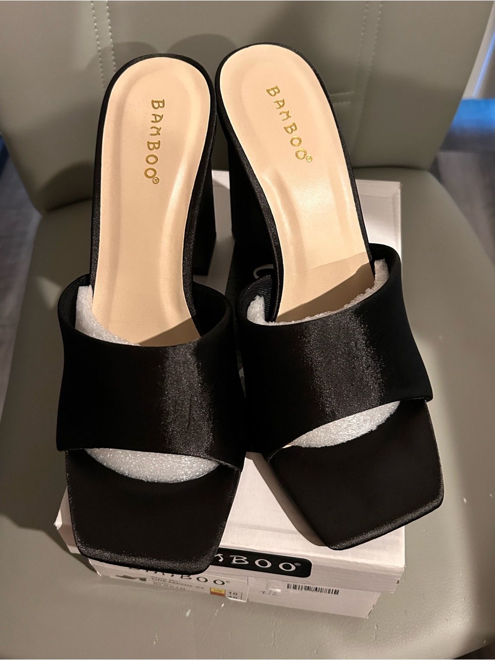BAMBOO Black Satin Square-Toe Block Heel Mules